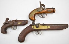 Three replica percussion hammer action pistols, the smallest stamped 'Bristol' to the lock plate and
