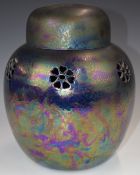 Ruskin purple iridescent lustre covered ginger jar / pot pourri with pierced flower decoration,