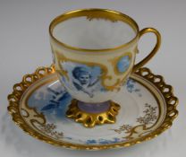 Continental cabinet cup and saucer with putti and bird decoration, height 12cm