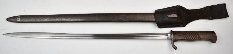 German 1898 pattern bayonet with VC Shilling to ricasso, a 52.5cm fullered pipeback blade,