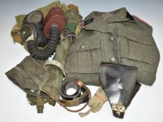 WW2 German replica uniform, pistol holster, Turkish belt with buckle, British WW2 gasmask /