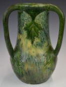 Farnham Art Pottery large vase with three handles and incised holly leaf decoration, height 26cm