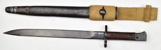 Indian made MkIII bayonet with square pommel, stamped NWR 44 to ricasso, with 31cm unfullered blade,