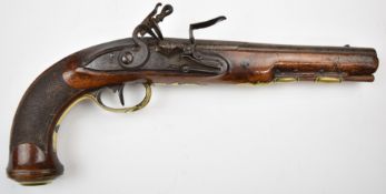 Belgian flintlock holster pistol with brass trigger guard, butt cap and mounts, wooden ram-rod,