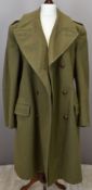 British Army officer's khaki greatcoat / warm coat with label dated 1953, wool lined with leather