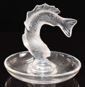 Lalique frosted and clear glass pin dish or ring holder decorated with a leaping fish, signed '