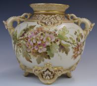 Royal Worcester blush ivory twin handled footed vase decorated with flowers, diameter 20cm x