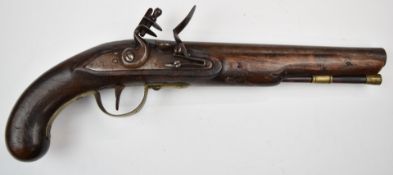Military style flintlock pistol with brass trigger guard and mounts and 9 inch smooth bored
