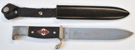 Replica German Third Reich Nazi Hitler Youth dagger with 16cm blade, scabbard and belt loop.