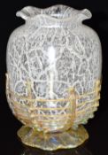 Loetz or similar iridescent glass vase with clear and white body, trailed basket weave decoration