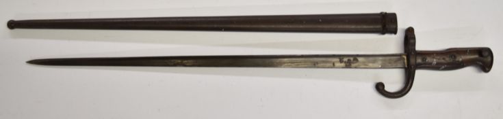French 1874 patten Gras bayonet with wooden grips, downswept quillon and dated 1876 to 52cm T form