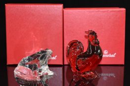 Two Baccarat glass animal sculptures clear toad and red cockerel, largest 11cm tall, both in