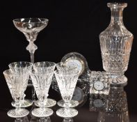 A collection of Waterford and Lalique glassware comprising Waterford Maeve decanter and six glasses,
