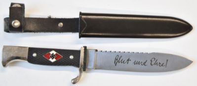 Replica German Third Reich Nazi Hitler Youth sawback dagger with 14cm blade, scabbard and belt loop.