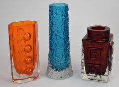Three Geoffrey Baxter for Whitefriars glass vases comprising Finger in kingfisher blue, Traffic