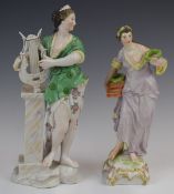 18thC Berlin porcelain figure of Calliope, and a Dresden figure emblematic of music, tallest 21cm