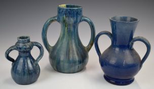 Three Farnham Art Pottery twin handled vases, one with incised X to base, tallest 20cm