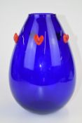 Rony Plesl blue glass vase with applied red hearts, 31.5cm tall.