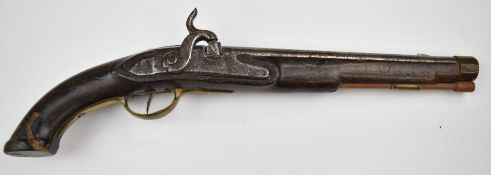 Unnamed percussion converted from flintlock hammer action holster pistol with brass trigger guard