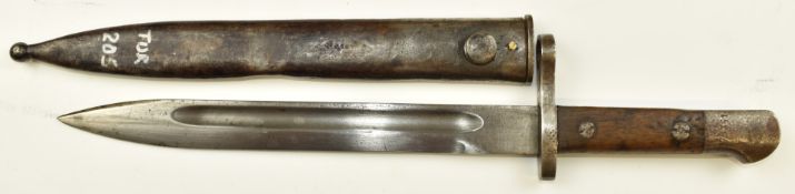 Turkish 1935 Mauser knife bayonet stamped 76361 to pommel, with 25cm fullered blade and scabbard.