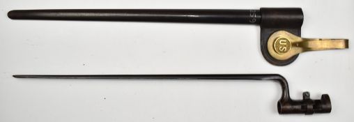 American 1873 pattern socket bayonet stamped US to ricasso, with 39cm blade, scabbard and brass belt