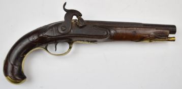 French percussion hammer action pistol with chequered bird head grip, brass trigger guard, butt