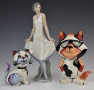 Lorna Bailey cat figures, the largest 1/1, and a Nao figurine, tallest 31cm