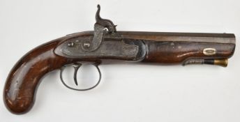 H W Mortimer of London percussion hammer action coat pistol with named and engraved stylised dolphin