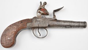 Queen Anne flintlock pistol with shaped wooden grips and 2.25 inch smooth bored turn-off barrel,