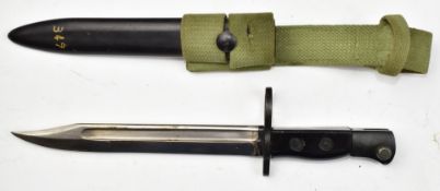 British No5 jungle carbine knife bayonet with plastic grips, 20cm fullered blade, scabbard and frog.