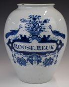 Dutch Delft vase or apothecary vessel with 'Roose Reuk' and peacock decoration, Dilym or Dilyn to