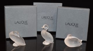 Three Lalique clear and frosted glass duck paperweights Sleepy Duck 1207300, Happy Duck 1207400