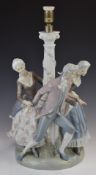 Lladro large figural table lamp 'La Tarantella' three figures in Regency costume dancing around a