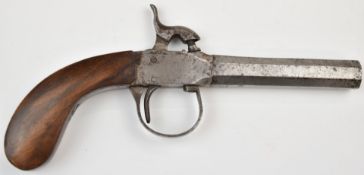 Belgian percussion hammer action pocket pistol with shaped wooden grips and 3.25 inch smooth bored