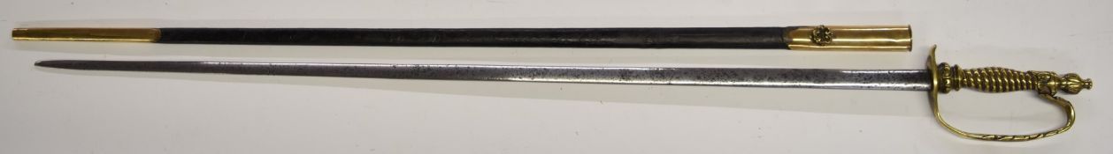 Continental court sword with brass and wire grip, brass pommel and knucklebow, 71cm double edged