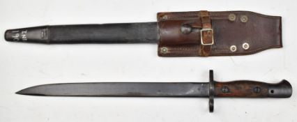 Indian made MkII bayonet with good stamps to ricasso, a 30.5cm unfullered blade, scabbard and