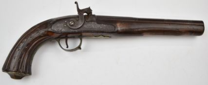 Percussion hammer action pistol with Eastern script impressed to the lock, engraved lock, hammer,