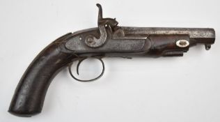 George Gibbs of Bristol percussion hammer action coat pistol with named and engraved lock, chequered