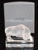Lalique frosted and clear glass Bull paperweight 11805, signed 'Lalique France', 11cm long, in