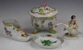 Herend Victoria pattern covered pot, boot and pin dish, and Herend figure of a boy on a goose,