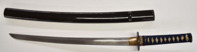 Japanese Wakisashi Samurai sword, unsigned, with shagreen and rope grip, 45cm blade and lacquered