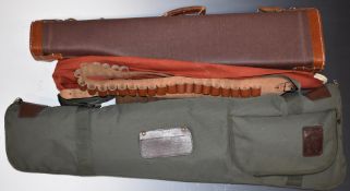 Canvas and leather leg of mutton shotgun case together with Napier and other gun or rifle slips
