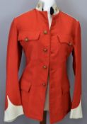 British Army officer's scarlet serge jacket with gilt collar badges and associated buttons,