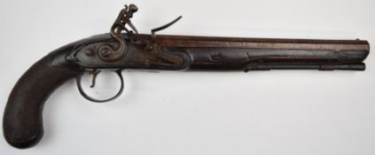 Indistinctly named flintlock duelling or target pistol with border engraved lock, chequered grip,