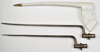Two Belgian socket bayonets, one stamped G 4247 to socket with 45cm blade, the other stamped J389 to