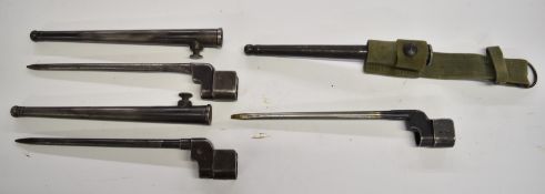 Three British Number 4 spike bayonets, all with 20cm blades and scabbards, one with frog. PLEASE