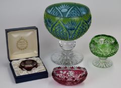 Four pieces of overlaid and flash overlaid glass comprising a pedestal bowl with original purchase