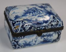18th/19thC Delft casket with hinged lid, figural decoration and initials AK to base, W9 x D7.5 x