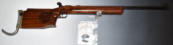 Valmet M62 .22 bolt-action target rifle with thumb hole grip, raised cheek piece, adjustable hook