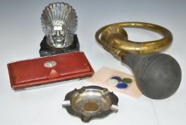 Guy lorry mascot, on base, Jaguar car ashtray, vintage car bulb horn, Southampton Docks 1938